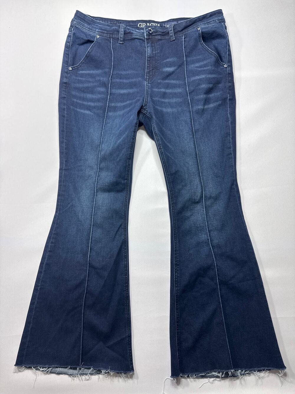 Grace in L.A. Women's Raw Hem Super Flare Blue Jeans - Size 34 (35x28.5)